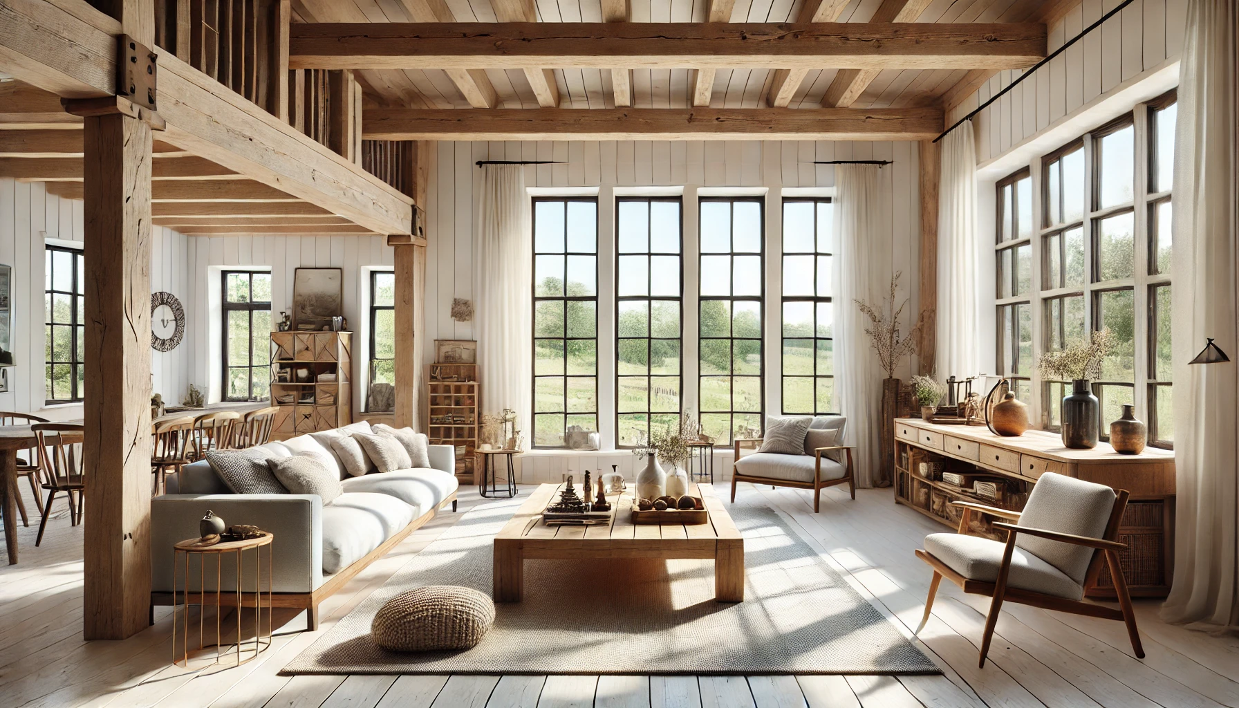 The Modern Farmhouse Living Room With Floor To Ceiling Windows, Wooden Beams, And Neutral Tones, Filling The Space With Natural Light And Highlighting Rustic Decor Elements.