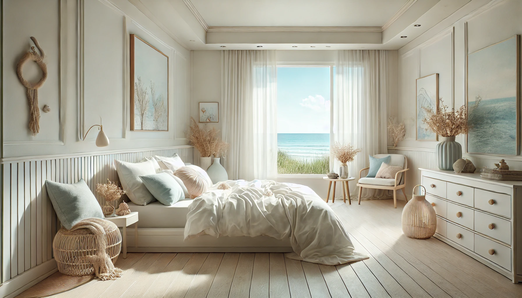 the peaceful coastal home bedroom with soft, calming colors and minimalist yet cozy decor.