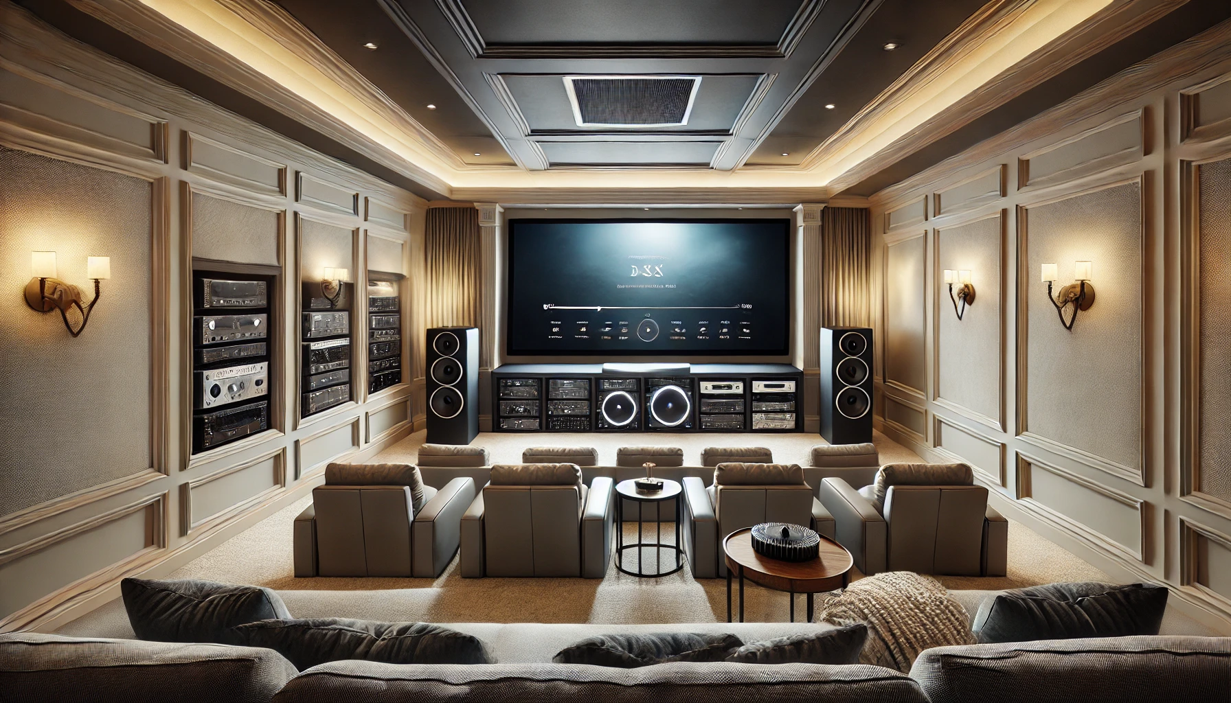 The Professional Home Theater Installation With High End Equipment And A Clean, Modern Design In A Luxurious Home.