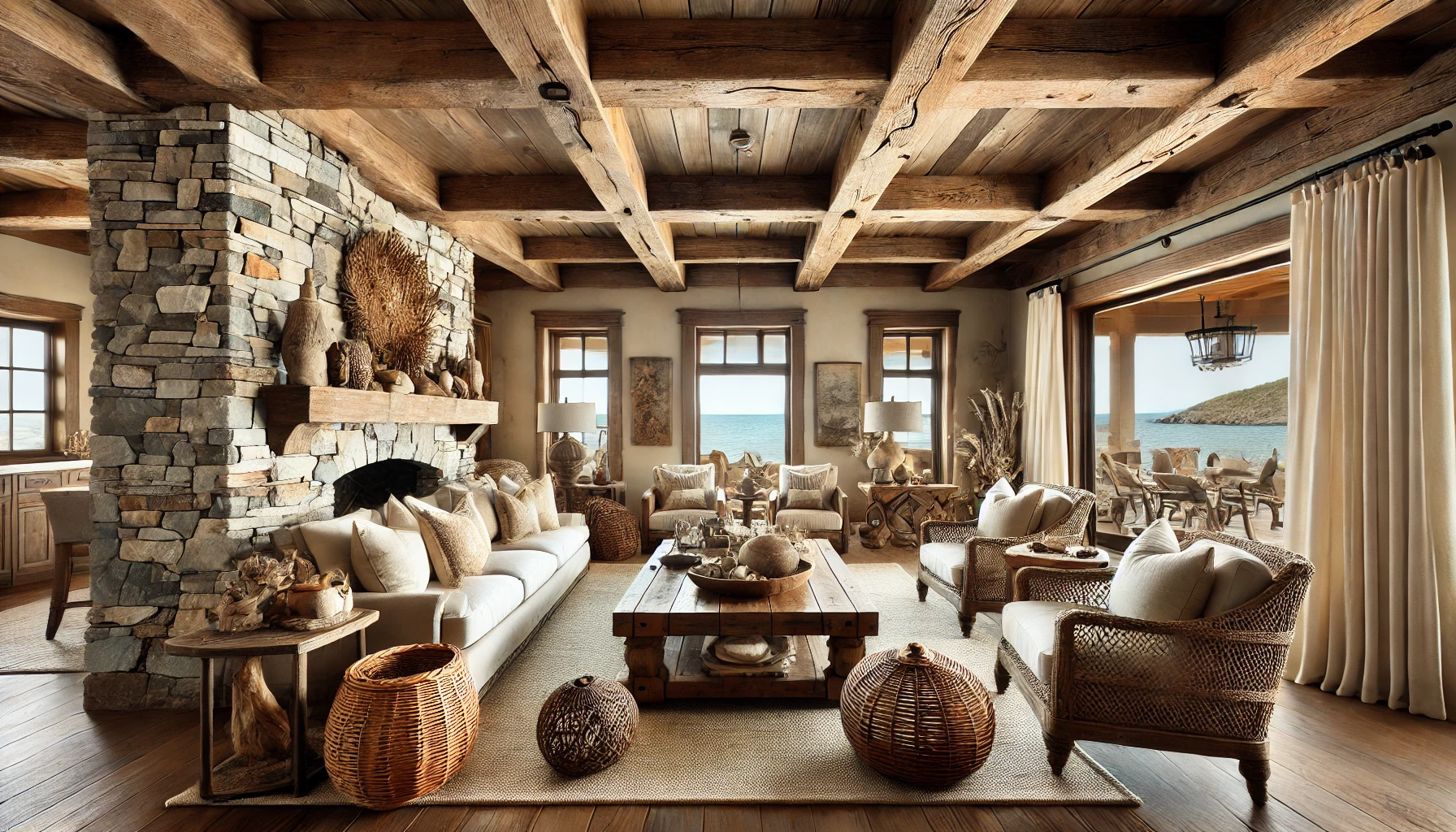 The Rustic Coastal Home Living Room Featuring Reclaimed Wood Beams, Stone Accents, And Earthy Tones With Cozy, Inviting Decor.