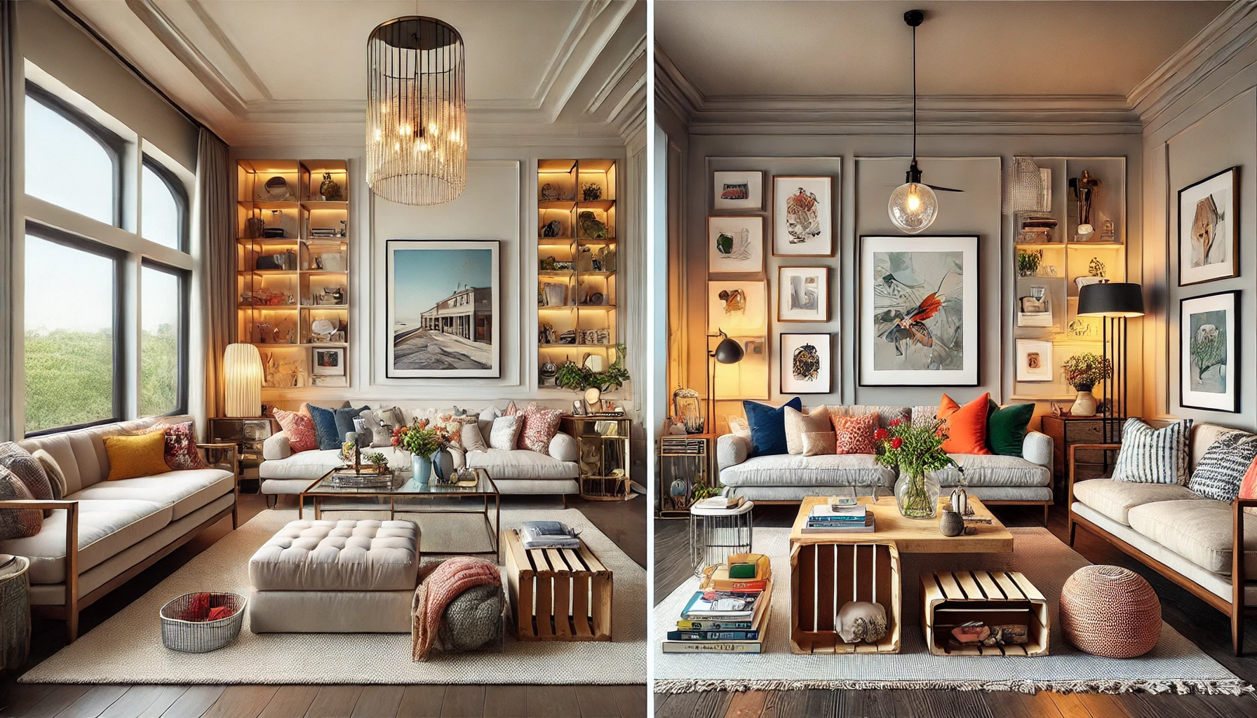 the side-by-side comparison of a high-end professionally designed living room and a chic, DIY-decorated space. The image highlights the contrast between luxury and cost-effective creativity.