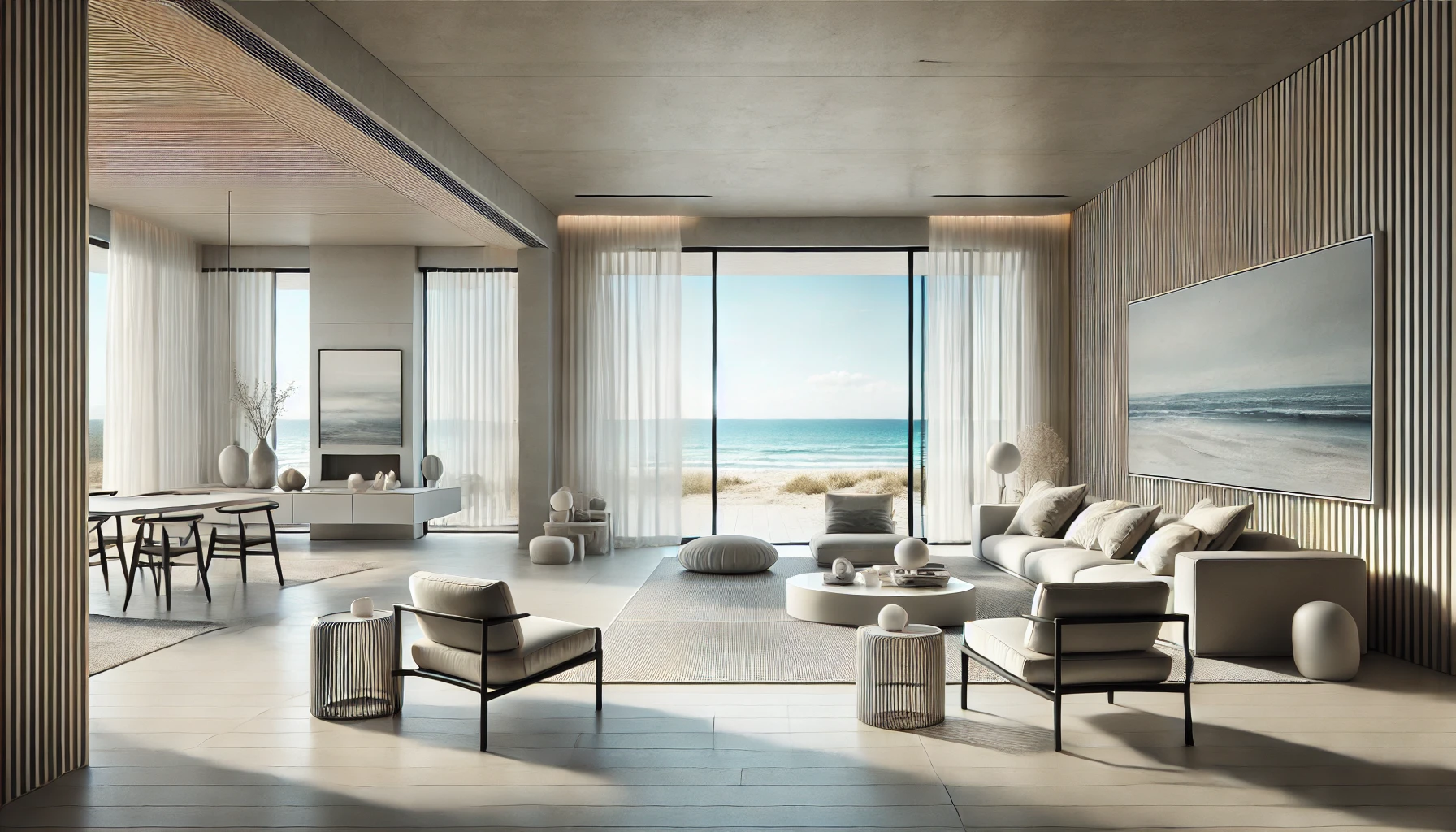 The Sleek, Modern Coastal Home Interior With Clean Lines, Minimalistic Decor, And Large Windows Overlooking A Serene Beach.