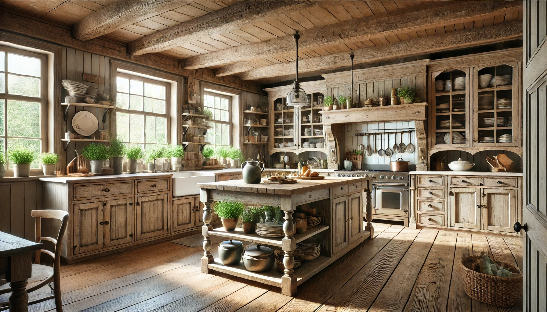 The Spacious, Rustic Farmhouse Kitchen Featuring Distressed Wood Cabinets, A Large Central Island, Vintage Style Sink, And Neatly Arranged Fresh Herbs And Cookware.