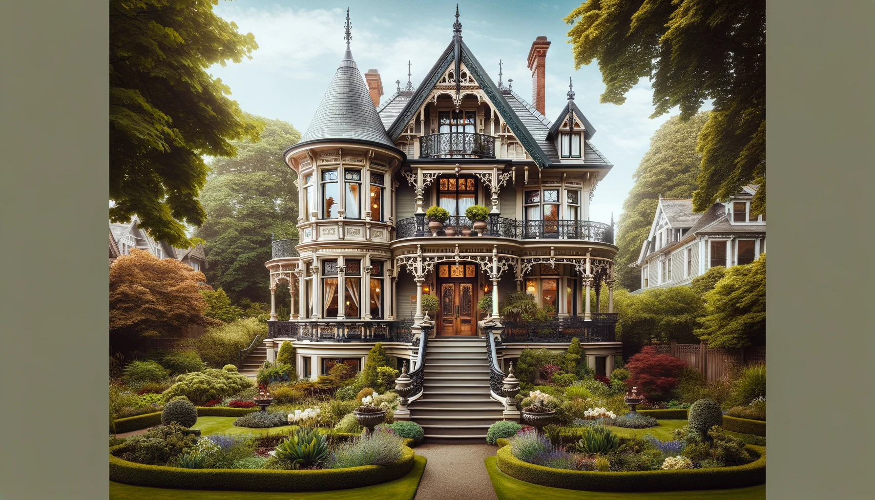 The Stately Victorian Home With Tall Windows, Intricate Wrought Iron Railings, And Beautifully Landscaped Gardens, Exuding Timeless Elegance And Historical Appeal.