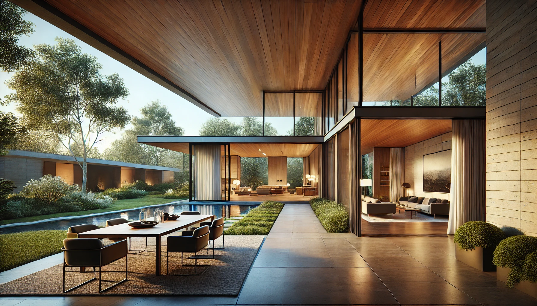 The Stunning Mid Century Modern Home Featuring Flat Rooflines, Expansive Glass Windows, And Natural Materials Seamlessly Blending With The Outdoor Space.