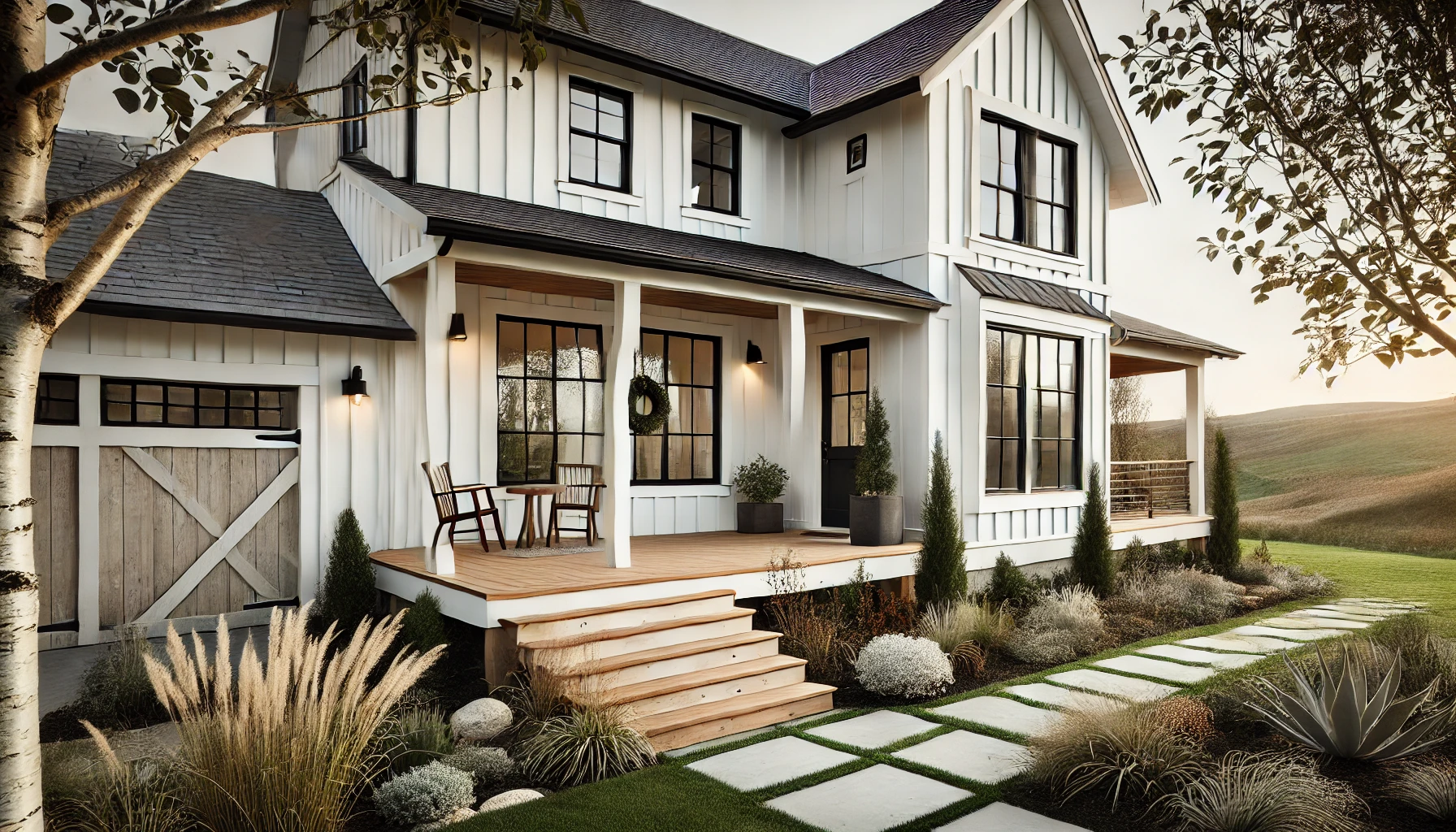 The Stunning Modern Farmhouse Exterior With White Siding, Black Window Frames, A Wooden Porch, And Simple Landscaping. It Beautifully Blends Rustic And Contemporary Elements.