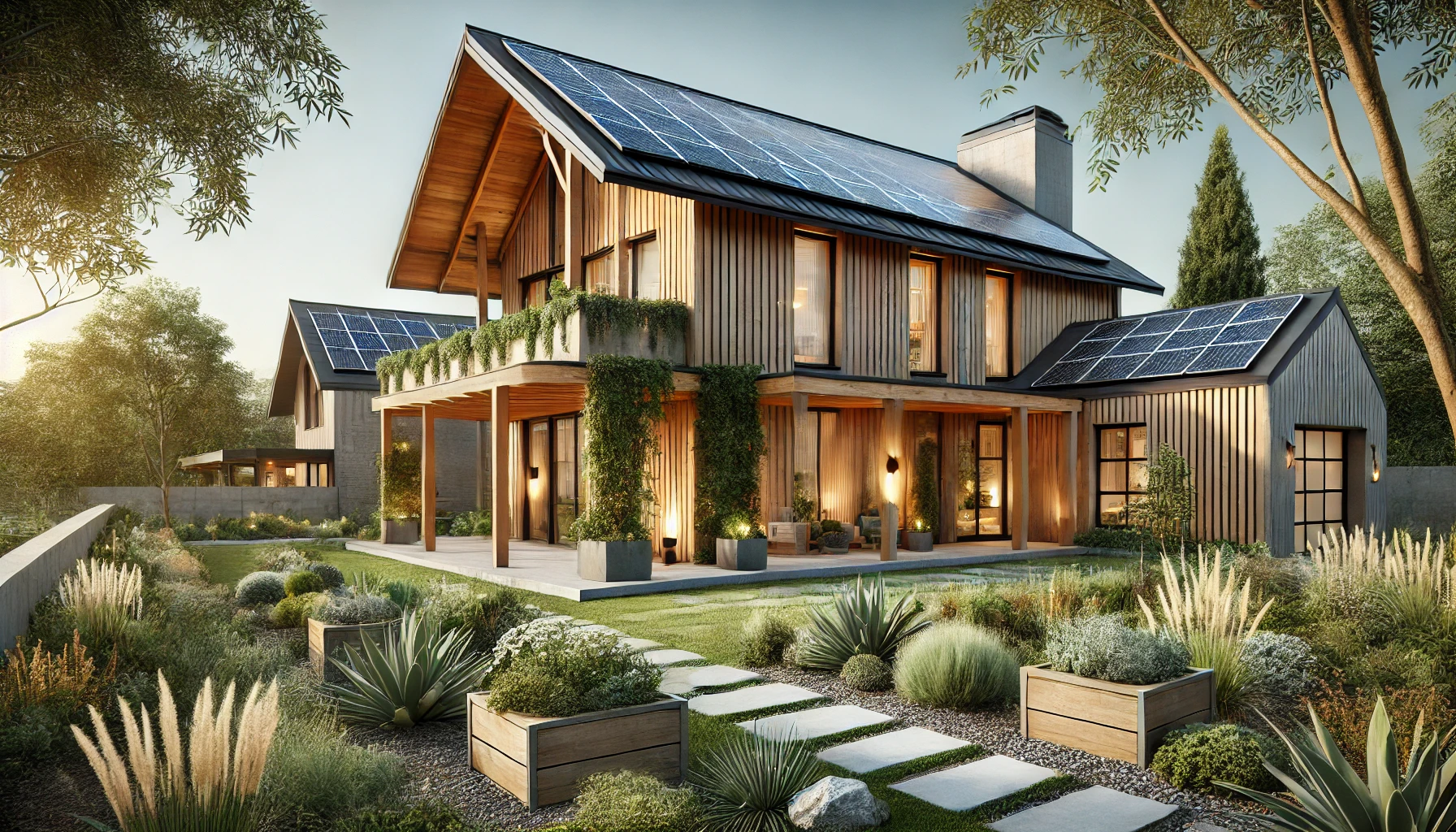 The Sustainable Modern Farmhouse Exterior Featuring Solar Panels, Energy Efficient Windows, And A Minimalist Garden With Native Plants. It Beautifully Blends Eco Friendly Features With Rustic Charm.