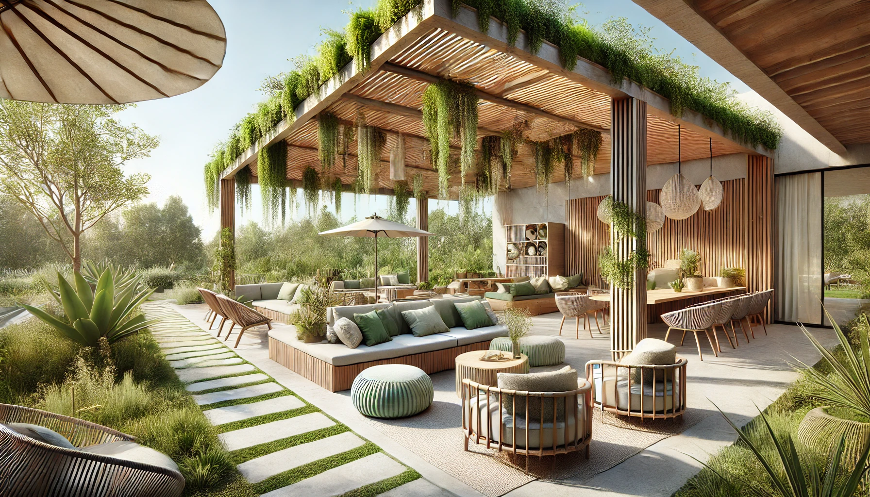 The Sustainable Outdoor Space Featuring Recycled Materials, A Green Roof On A Pergola, And Eco Friendly Furniture, Blending Modern Design With Nature.