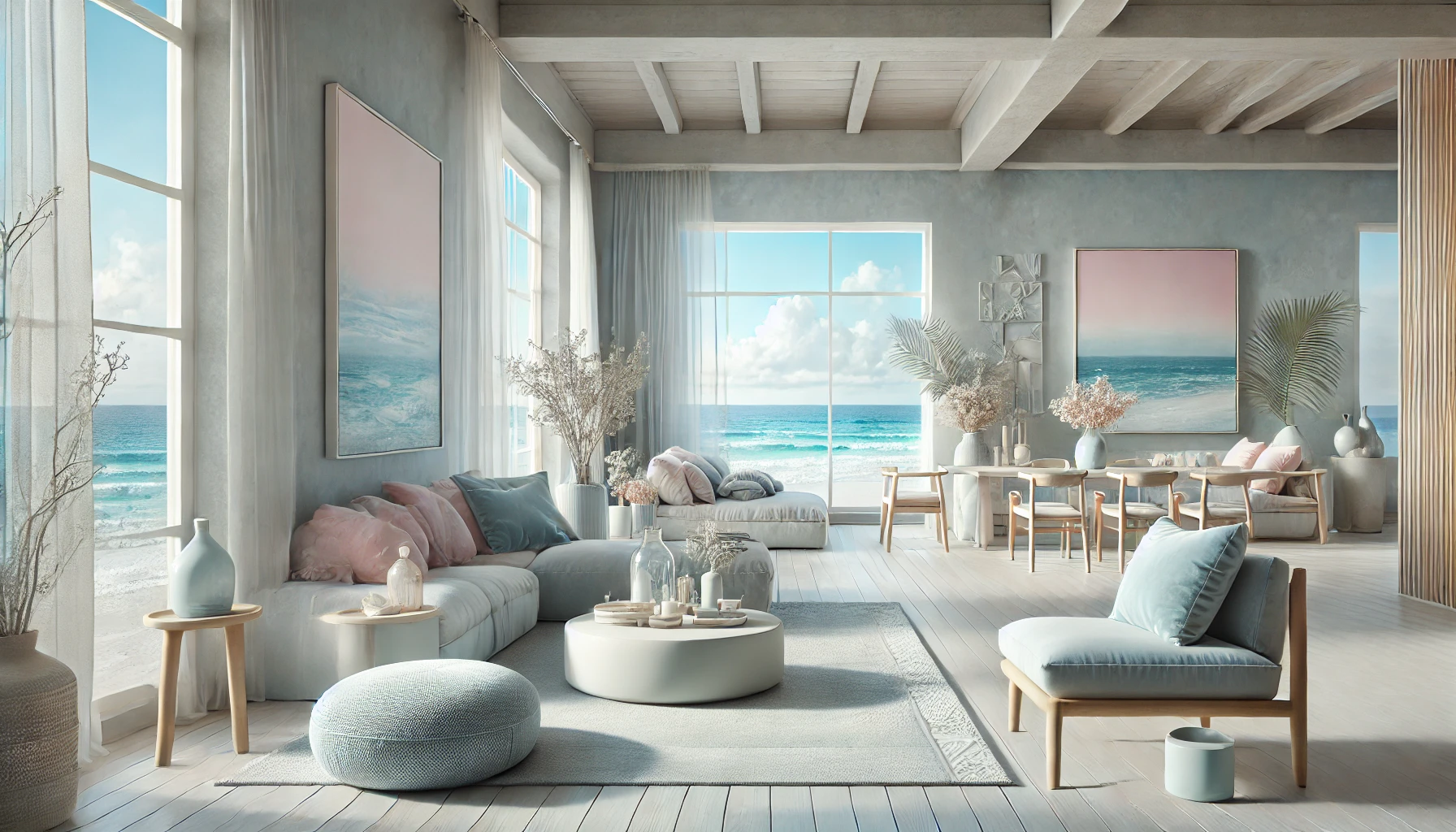 the tranquil coastal home interior featuring soft pastel tones, large open windows, and a relaxing atmosphere.