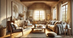 The Warm Inviting Farmhouse Living Room With Rustic And Modern Elements, Soft Neutral Tones, Wooden Furniture, Cozy Textiles, And Sunlight Streaming Through Large Windows.