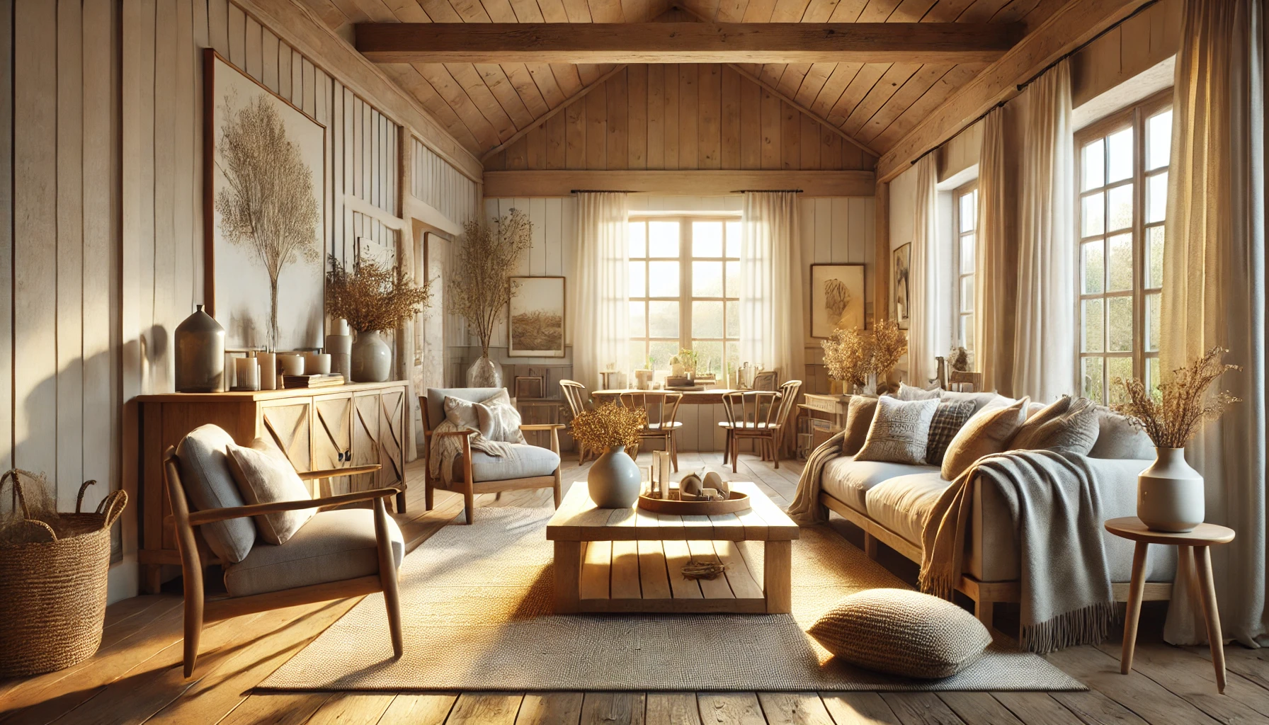 the warm inviting farmhouse living room with rustic and modern elements, soft neutral tones, wooden furniture, cozy textiles, and sunlight streaming through large windows.