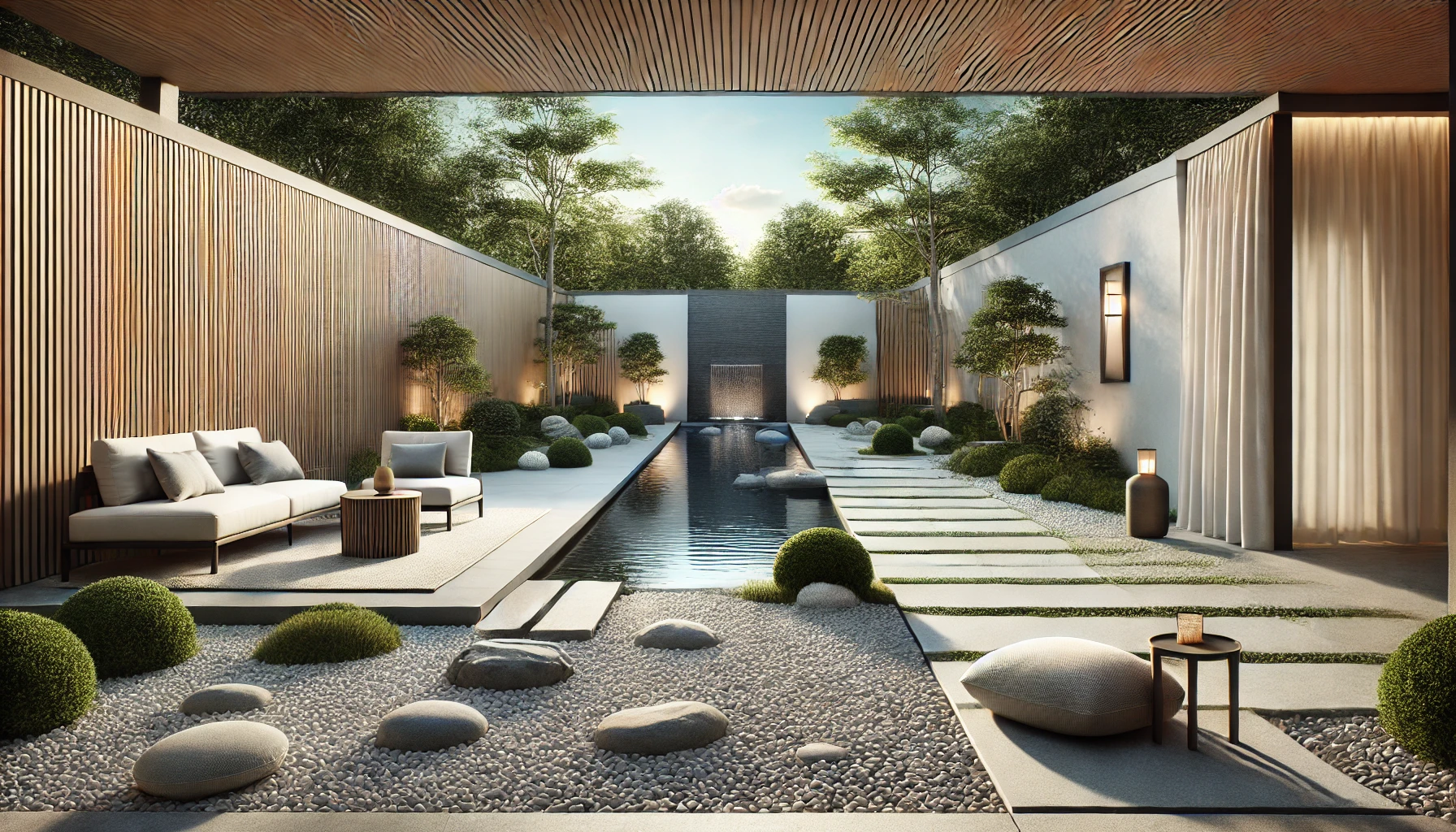 Tranquil Backyard With A Zen Garden, Water Feature, And Comfortable Outdoor Seating, Offering A Peaceful Retreat.