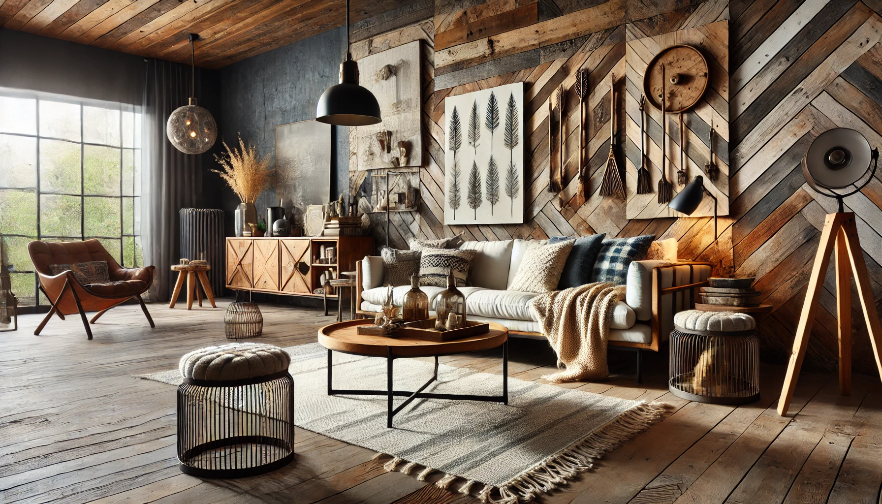 Trendy Rustic Living Space With A Mix Of Reclaimed Wood Furniture, Industrial Metal Accents, And Natural Textiles.