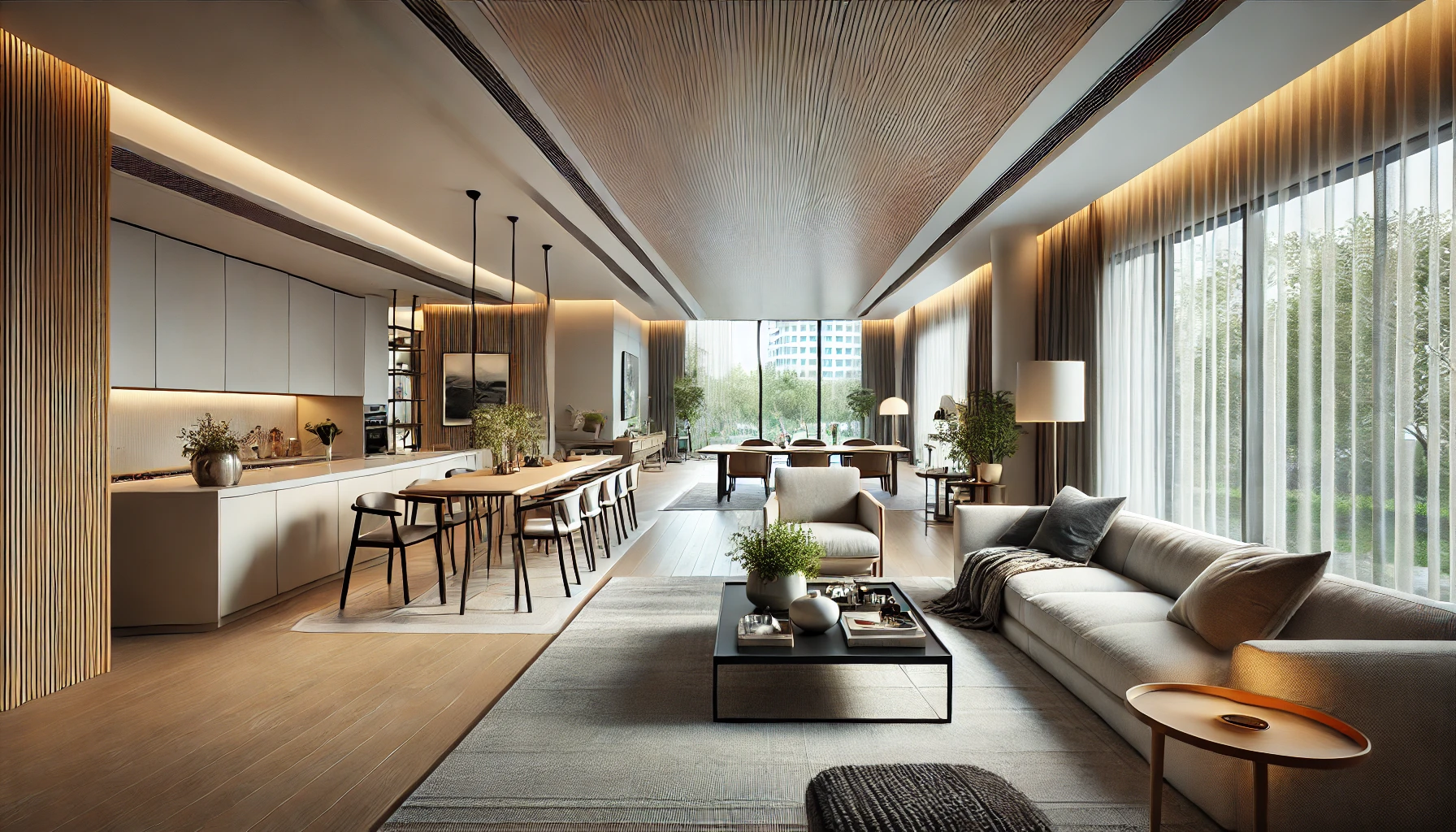 well-designed open space with distinct living, dining, and kitchen areas, defined by furniture placement and lighting while maintaining an open, airy feel.